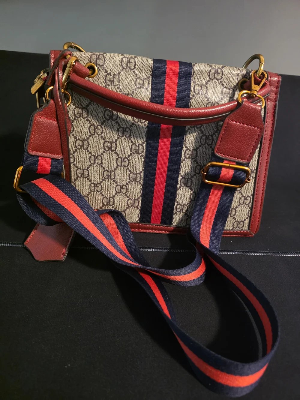Women's Bee Clasp Monogram Crossbody Satchel Handbag Red & Beige